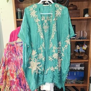 Soft Surroundings Teal Kimono with Cream Embroidery & Beading Boho Tunic Top